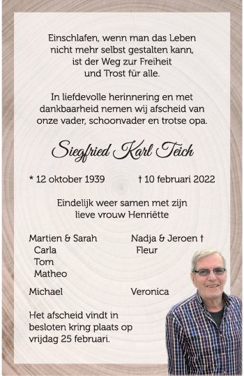 Anzeige von Siegfried Karl Teich 