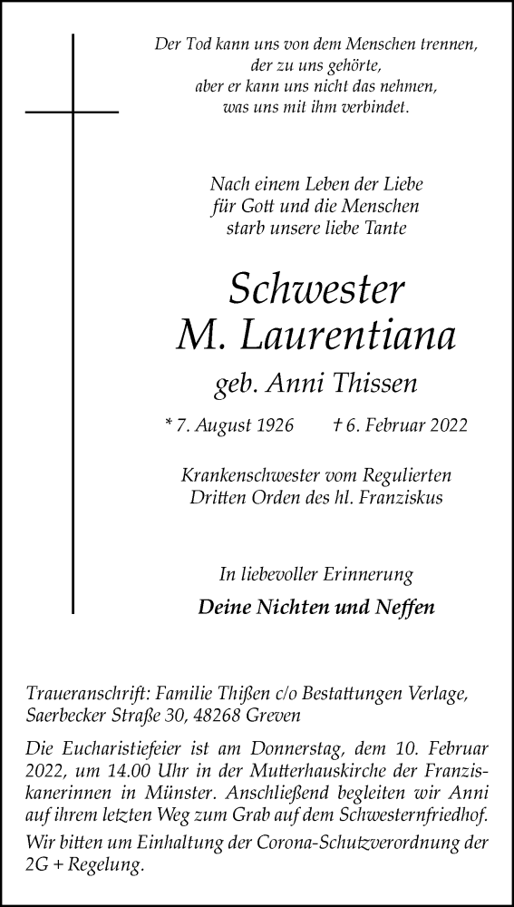  Traueranzeige für Schwester M. Laurentiana vom 09.02.2022 aus 