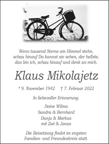 Anzeige von Klaus Mikolajetz 