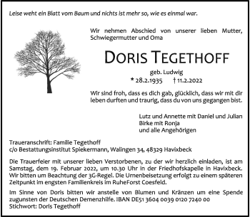 Anzeige von Doris Tegethoff 