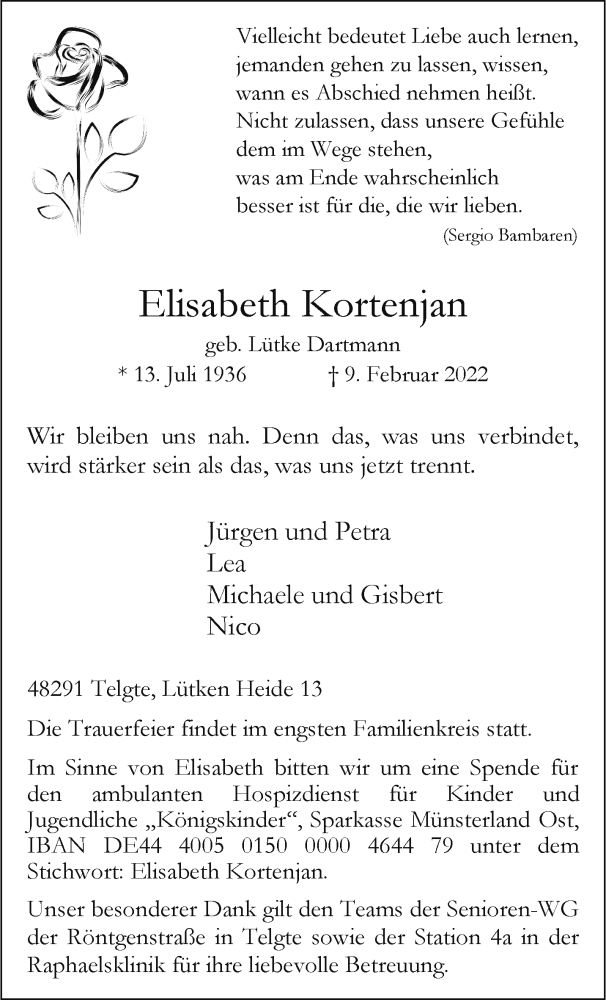  Traueranzeige für Elisabeth Kortenjan vom 19.02.2022 aus 