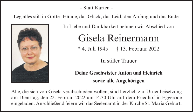  Traueranzeige für Gisela Reinermann vom 19.02.2022 aus 