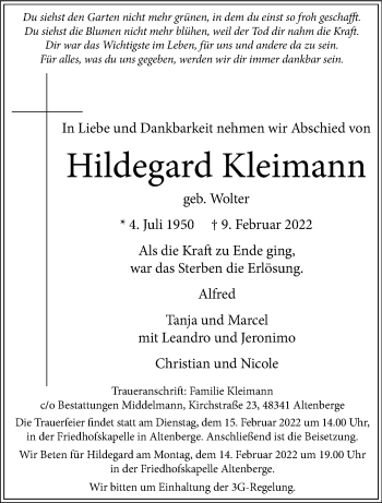 Anzeige von Hildegard Kleimann 