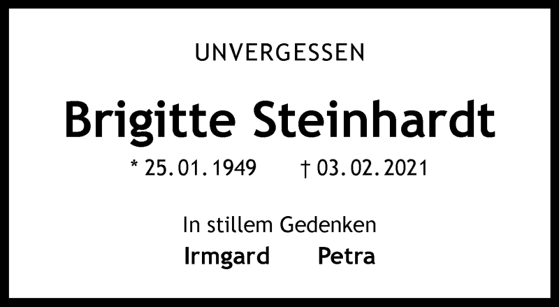  Traueranzeige für Brigitte Steinhardt vom 05.02.2022 aus 