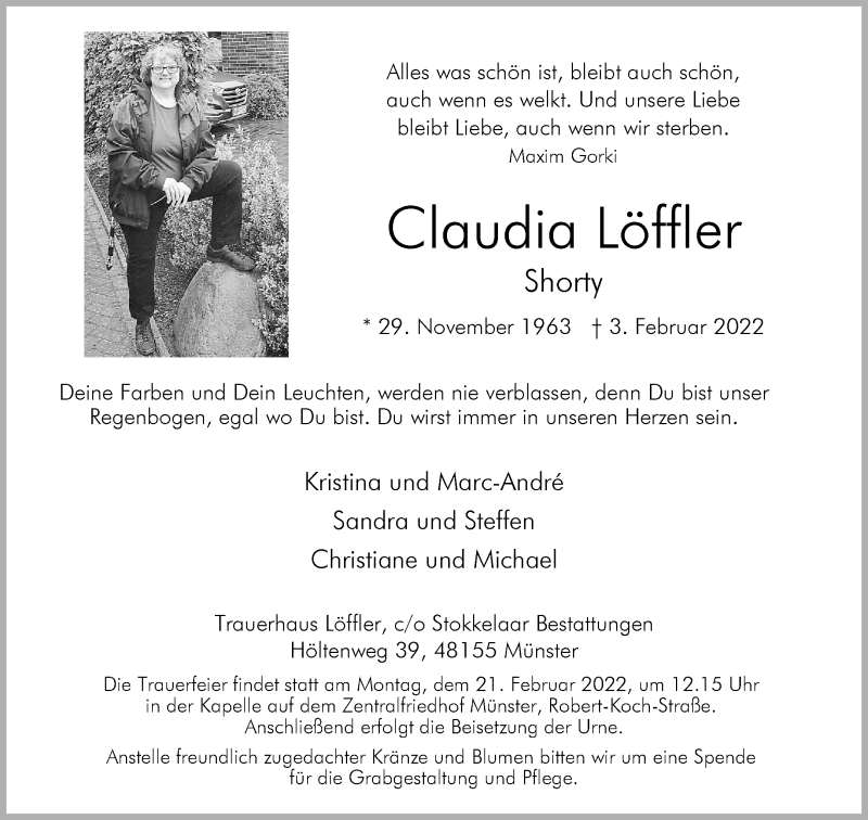  Traueranzeige für Claudia Löffler vom 12.02.2022 aus 