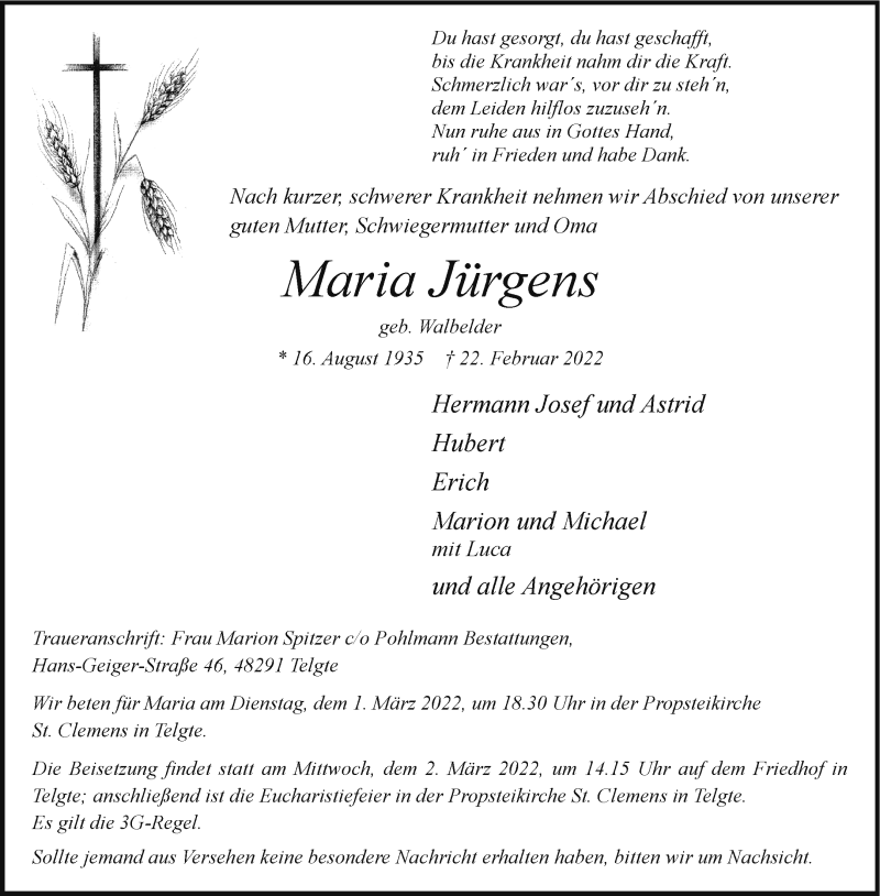  Traueranzeige für Maria Jürgens vom 26.02.2022 aus 