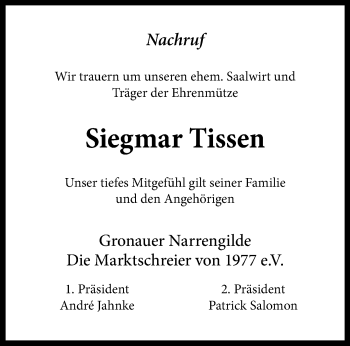 Anzeige von Siegmar Tissen 