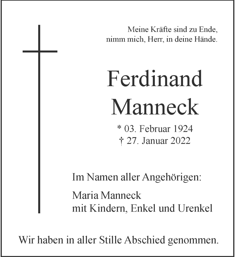  Traueranzeige für Ferdinand Manneck vom 05.02.2022 aus 