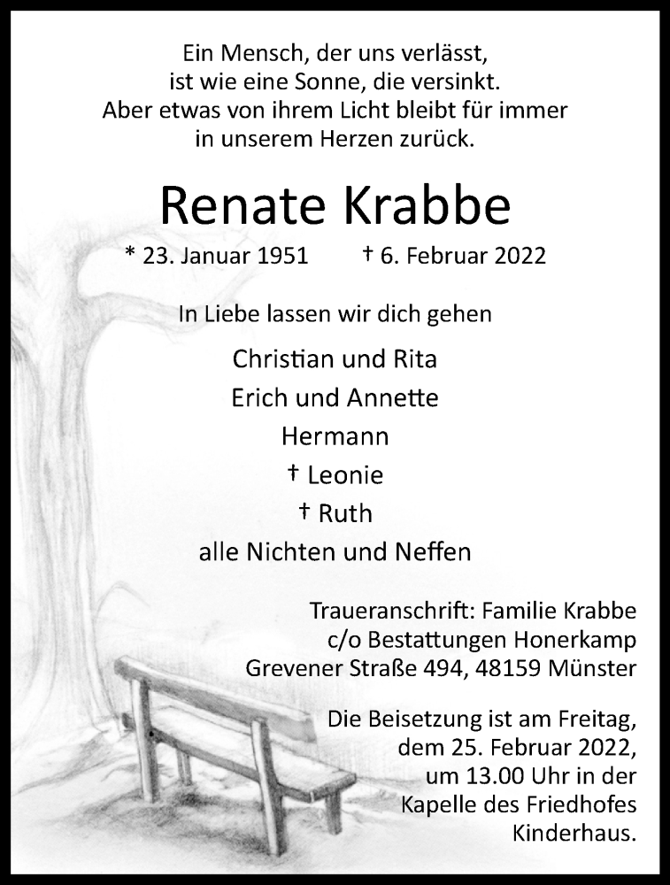  Traueranzeige für Renate Krabbe vom 19.02.2022 aus 