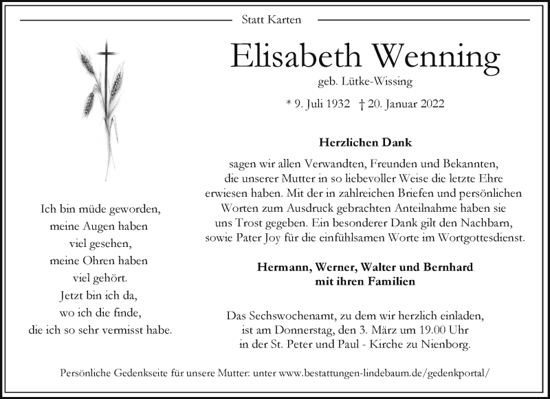  Traueranzeige für Elisabeth Wenning vom 26.02.2022 aus 