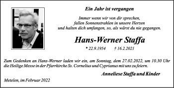 Anzeige von Hans-Werner Staffa 