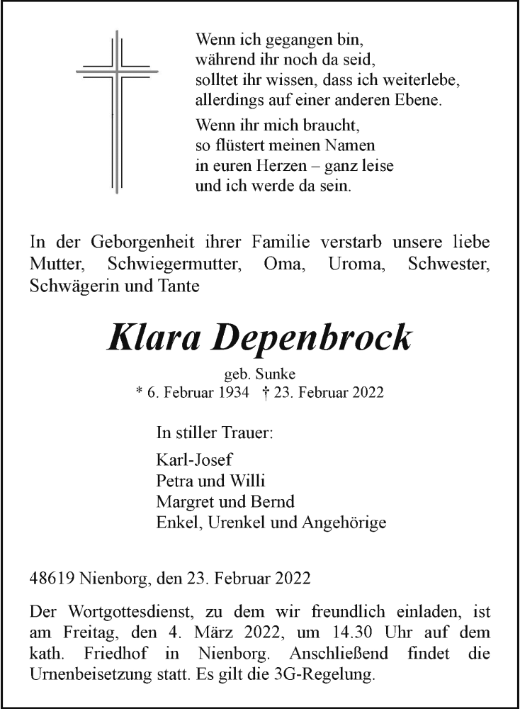  Traueranzeige für Klara Depenbrock vom 26.02.2022 aus 