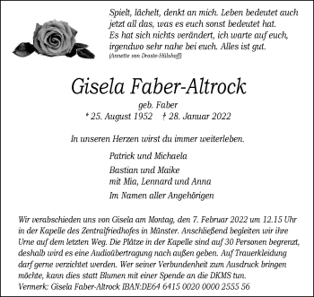 Anzeige von Gisela Faber-Altrock 