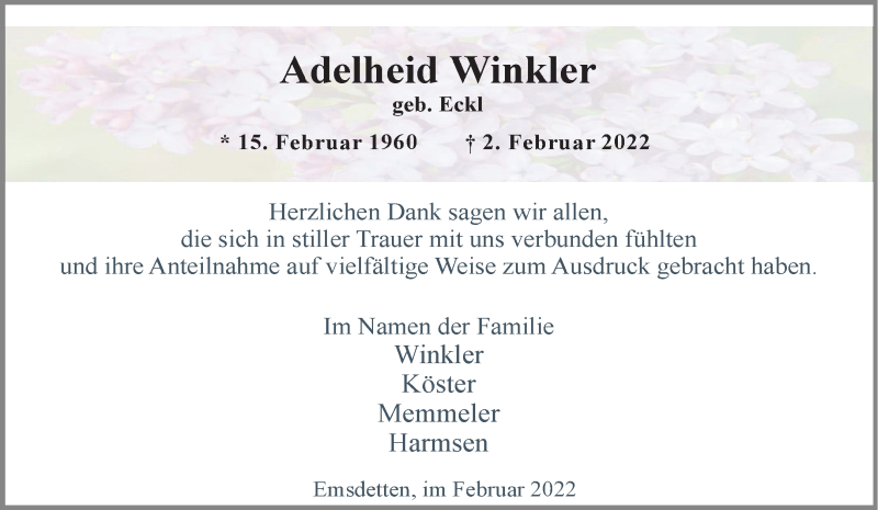  Traueranzeige für Adelheid Winkler vom 19.02.2022 aus 