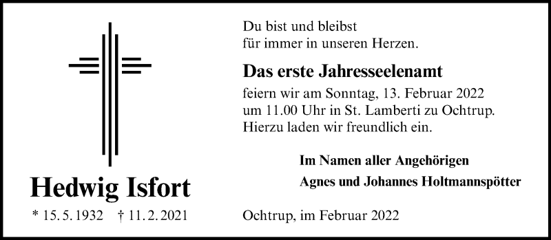  Traueranzeige für Hedwig Isfort vom 09.02.2022 aus 