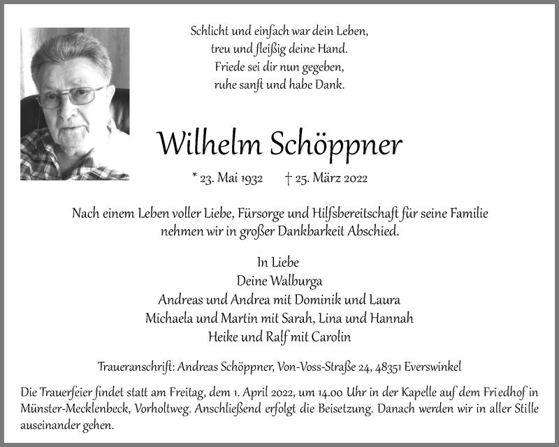  Traueranzeige für Wilhelm Schöppner vom 30.03.2022 aus 