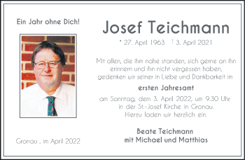 Anzeige von Josef Teichmann 