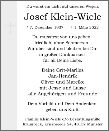 Anzeige von Josef Klein-Wiele 