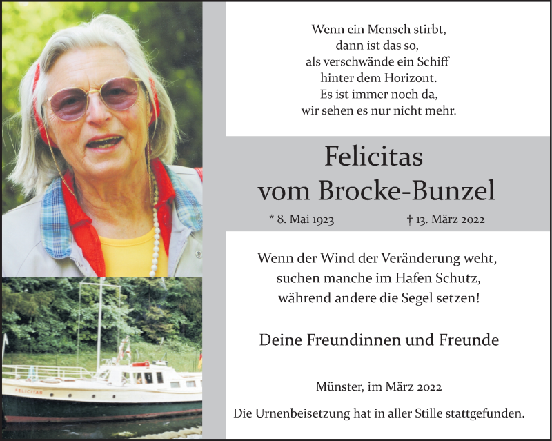  Traueranzeige für Felicitas vom Brocke-Bunzel vom 19.03.2022 aus 