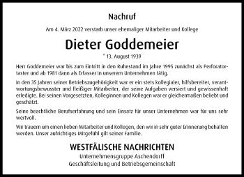 Anzeige von Dieter Goddemeier 