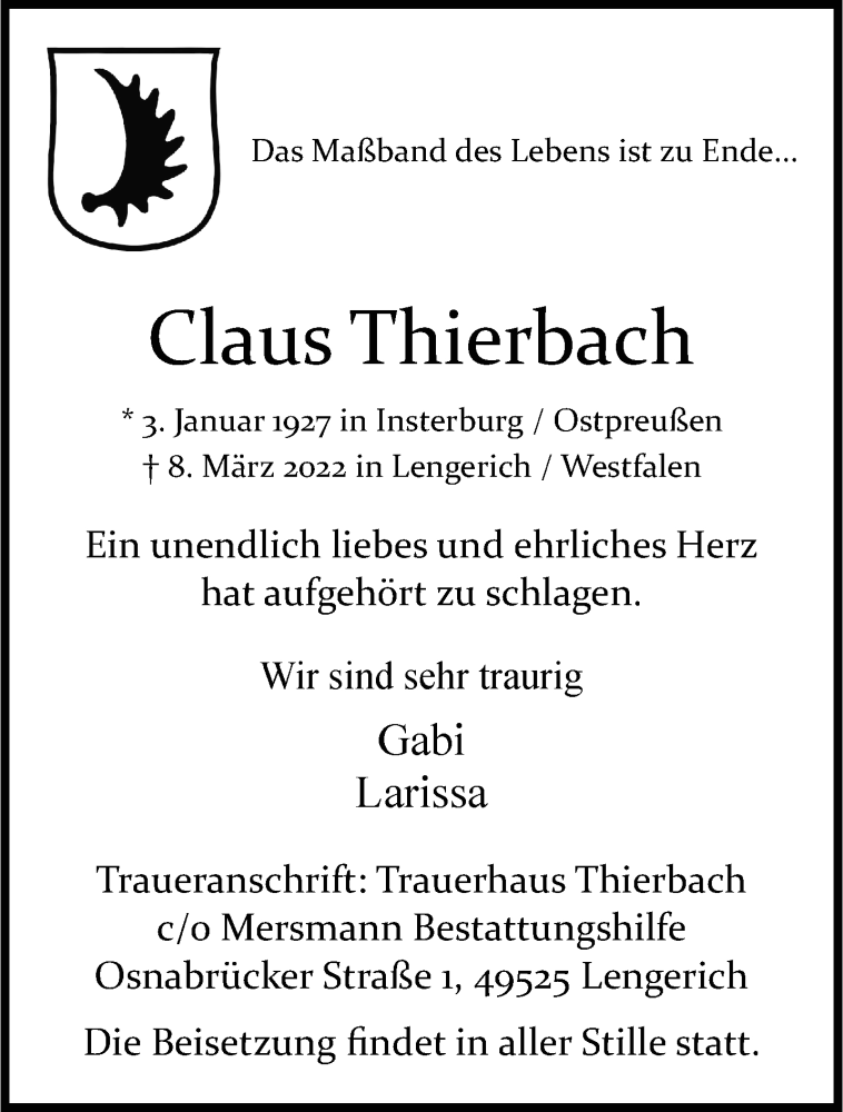  Traueranzeige für Claus Thierbach vom 19.03.2022 aus 