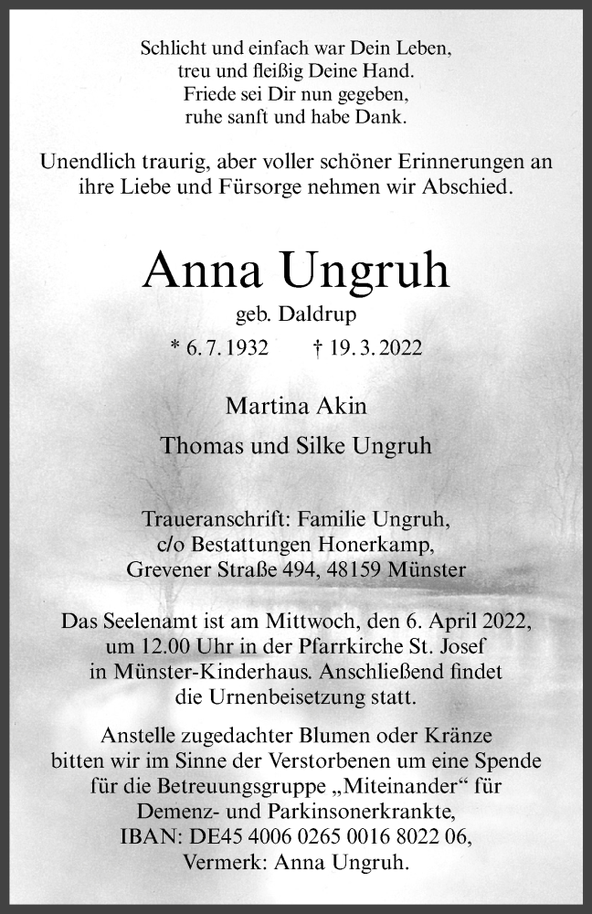  Traueranzeige für Anna Ungruh vom 26.03.2022 aus 