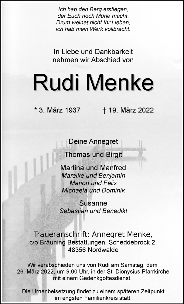  Traueranzeige für Rudi Menke vom 23.03.2022 aus 