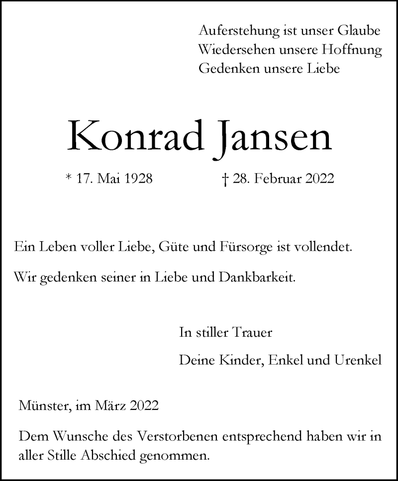  Traueranzeige für Konrad Jansen vom 12.03.2022 aus 