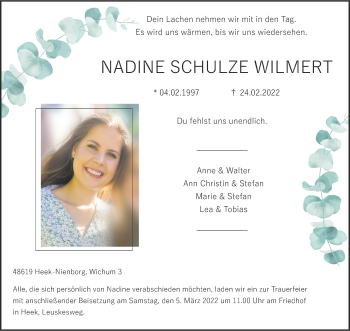 Anzeige von Nadine Schulze Wilmert 