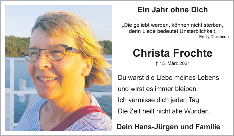 Traueranzeige für Christa Frochte vom 12.03.2022 aus 