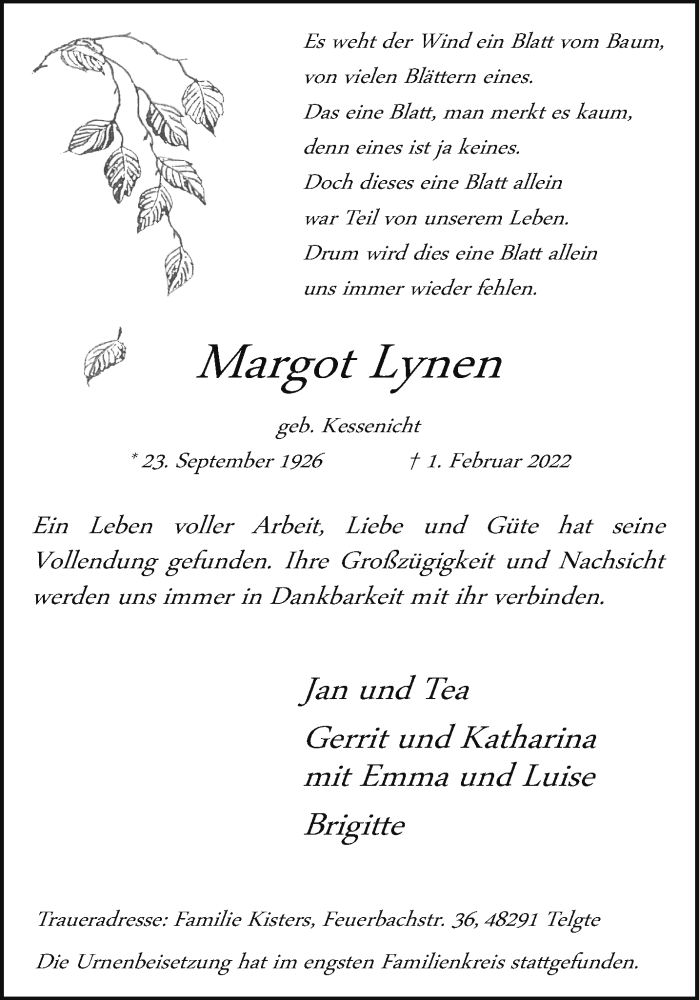  Traueranzeige für Margot Lynen vom 05.03.2022 aus 