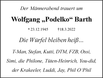 Anzeige von Wolfgang Barth 