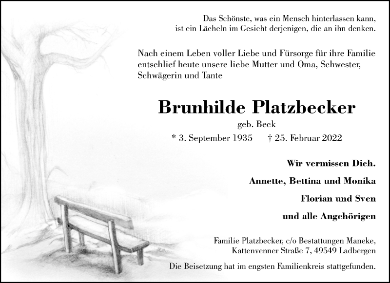  Traueranzeige für Brunhilde Platzbecker vom 07.03.2022 aus 