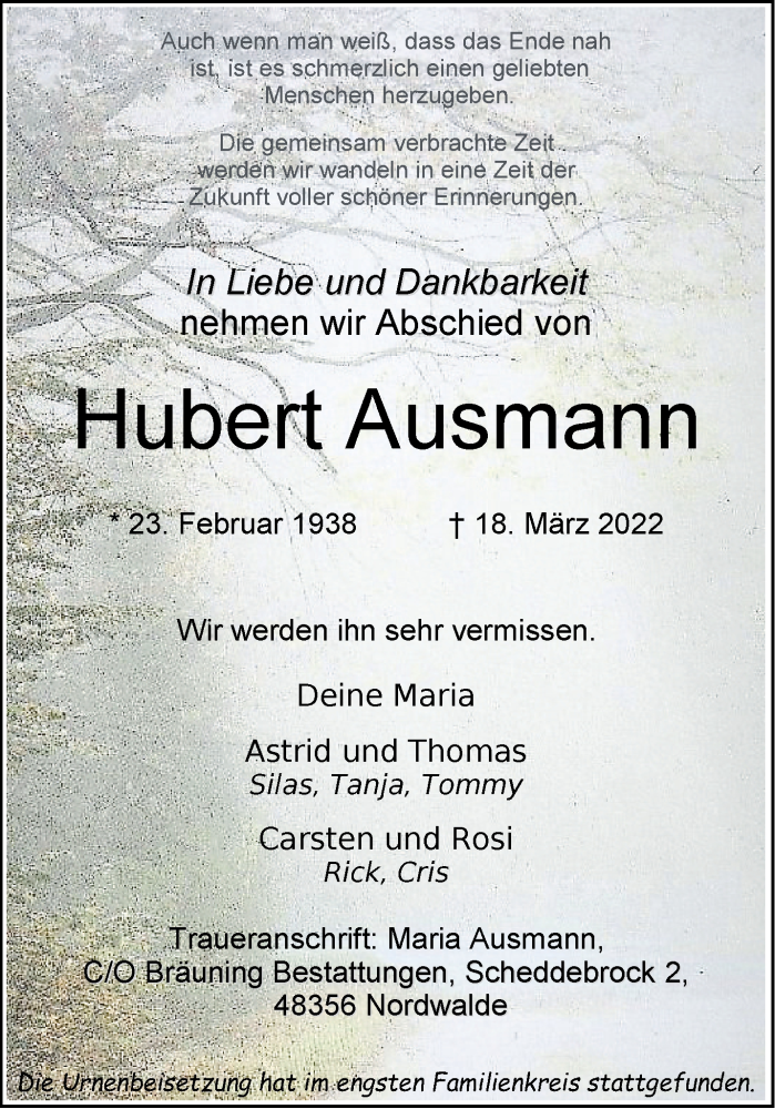  Traueranzeige für Hubert Ausmann vom 26.03.2022 aus 