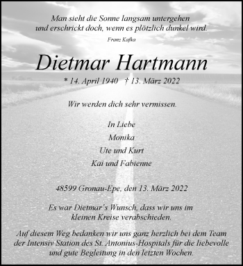 Anzeige von Dieter Hartmann 