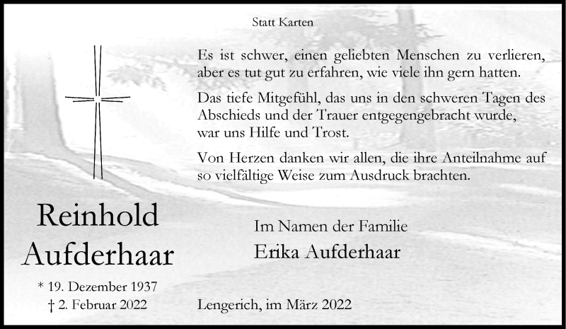  Traueranzeige für Reinhold Aufderhaar vom 19.03.2022 aus 