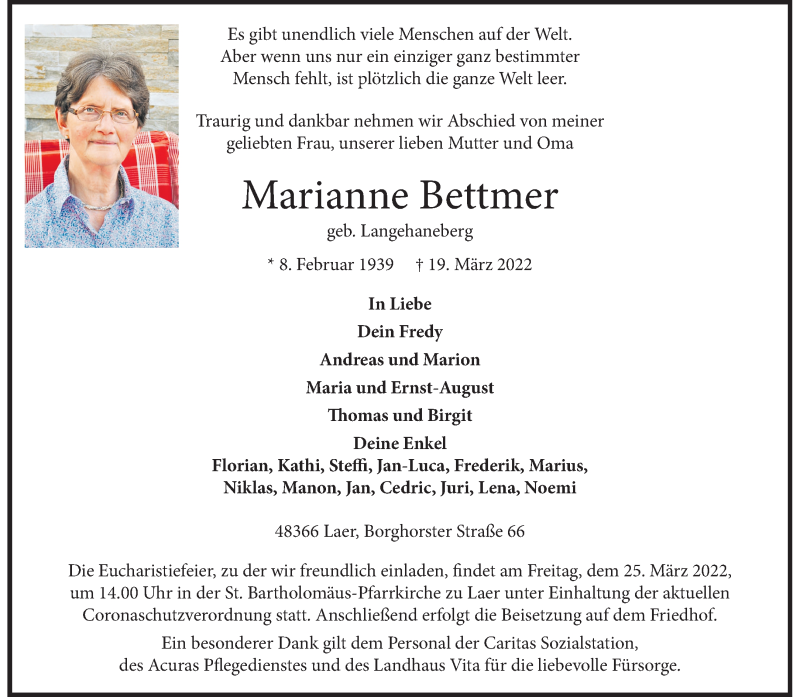  Traueranzeige für Marianne Bettmer vom 23.03.2022 aus 