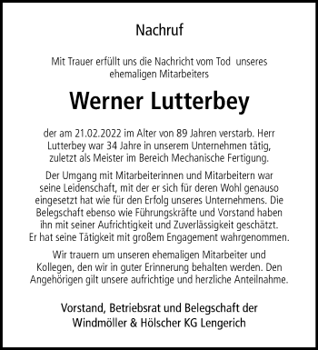Anzeige von Werner Lutterbey 