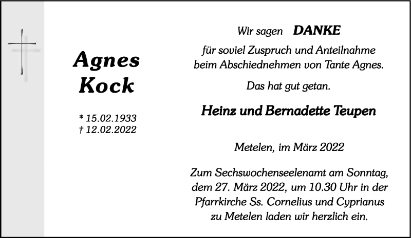 Traueranzeige für Agnes Kock vom 24.03.2022 aus 