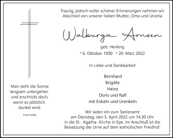 Anzeige von Walburga Arnzen 