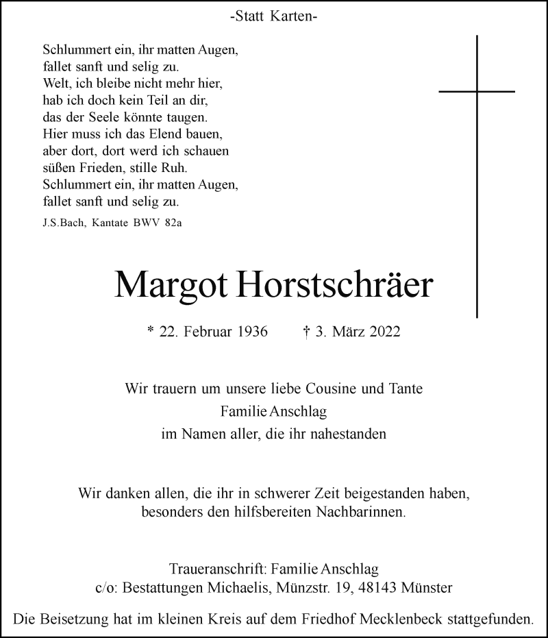  Traueranzeige für Margot Horstschräer vom 19.03.2022 aus 