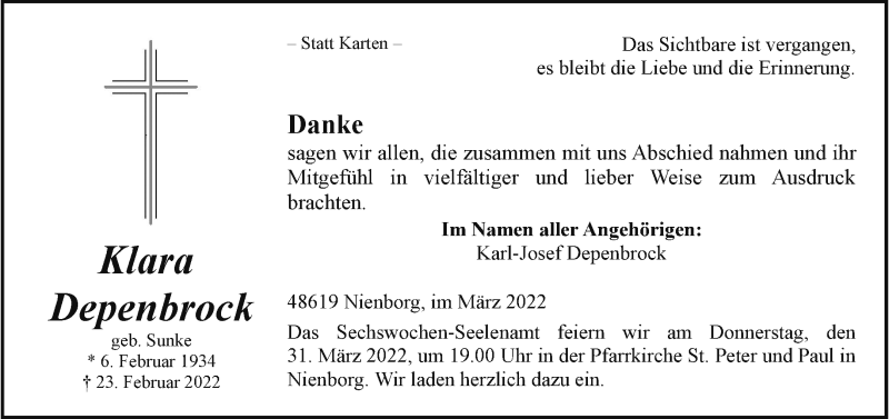  Traueranzeige für Klara Depenbrock vom 26.03.2022 aus 