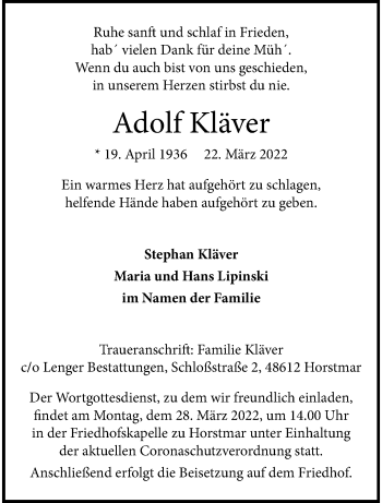 Anzeige von Adolf Kläver 