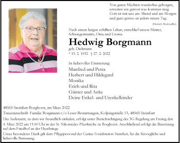 Anzeige von Hedwig Borgmann 