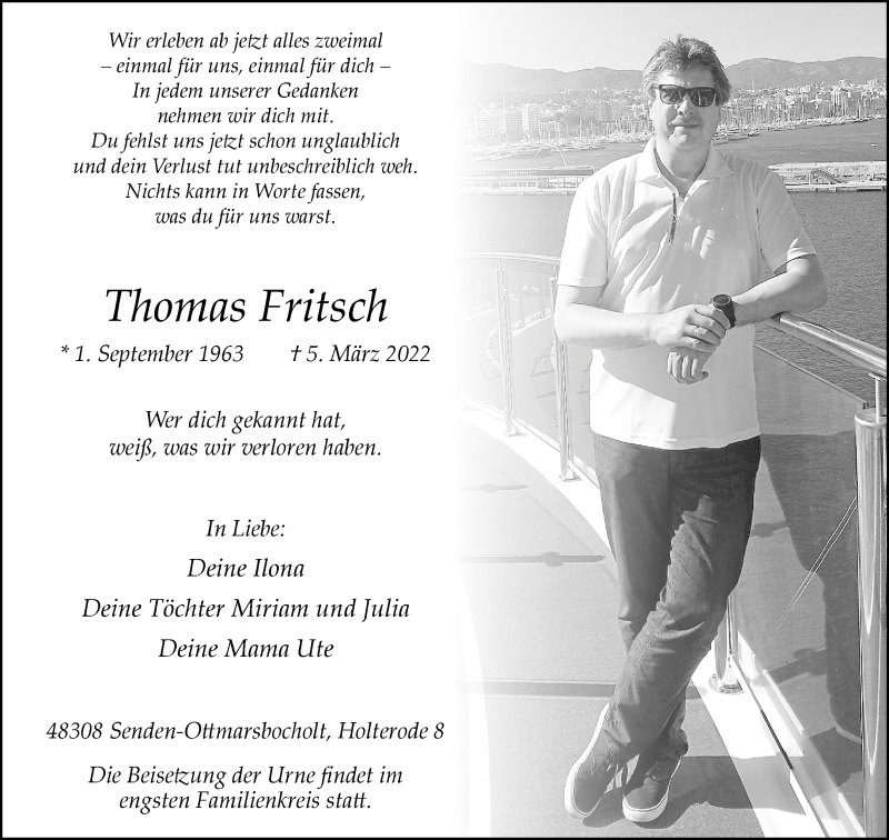  Traueranzeige für Thomas Fritsch vom 12.03.2022 aus 