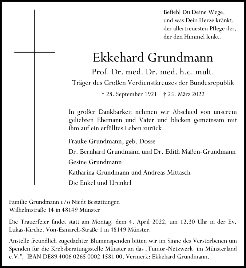  Traueranzeige für Ekkehard Grundmann vom 30.03.2022 aus 
