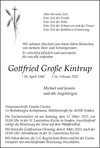 Anzeige von Gottfried Große Kintrup 