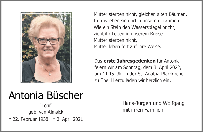  Traueranzeige für Antonia Büscher vom 30.03.2022 aus 