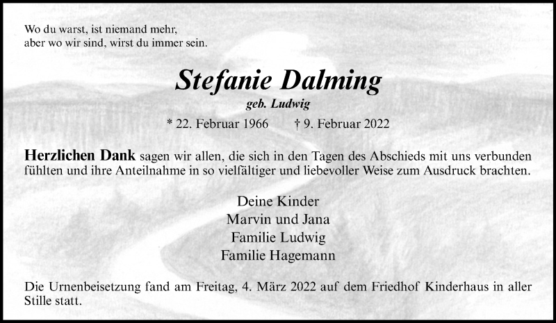  Traueranzeige für Stefanie Dalming vom 26.03.2022 aus 