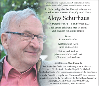 Anzeige von Aloys Schürhaus 